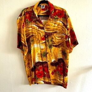 Kennington Hawaiian  Short Sleeve Button Down Floral +  Palm Print Shirt XL